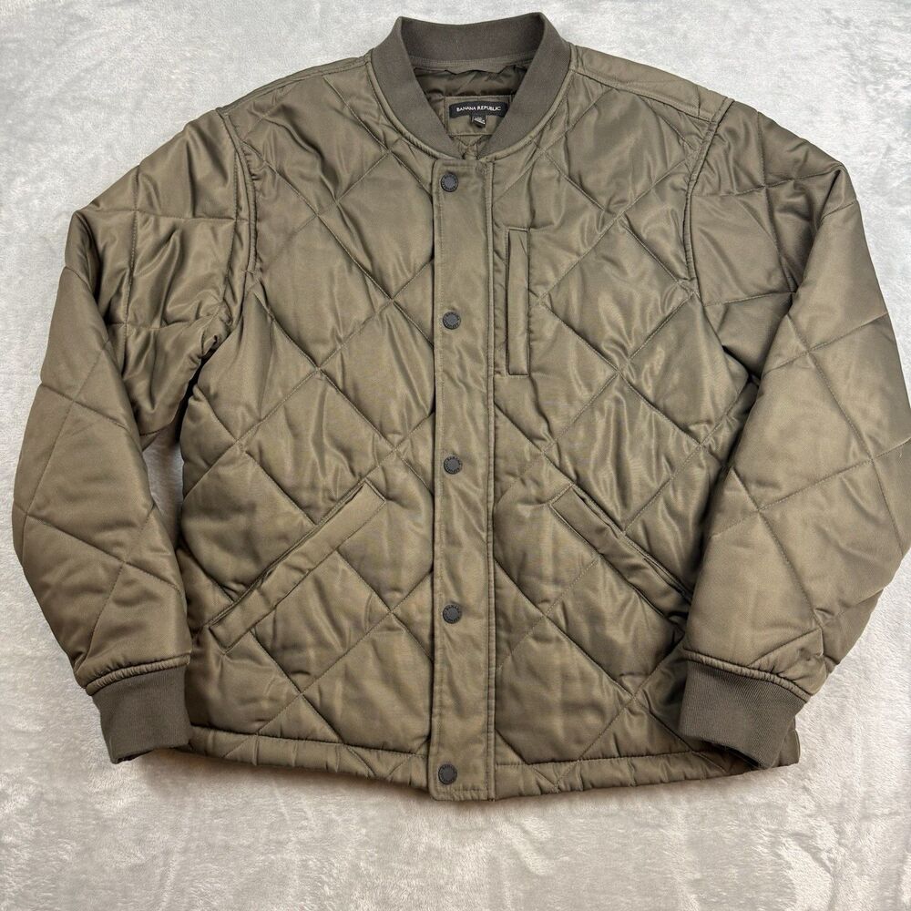 Banana Republic Mens Medium Quilted Bomber Jacket Olive Green Snap Front
